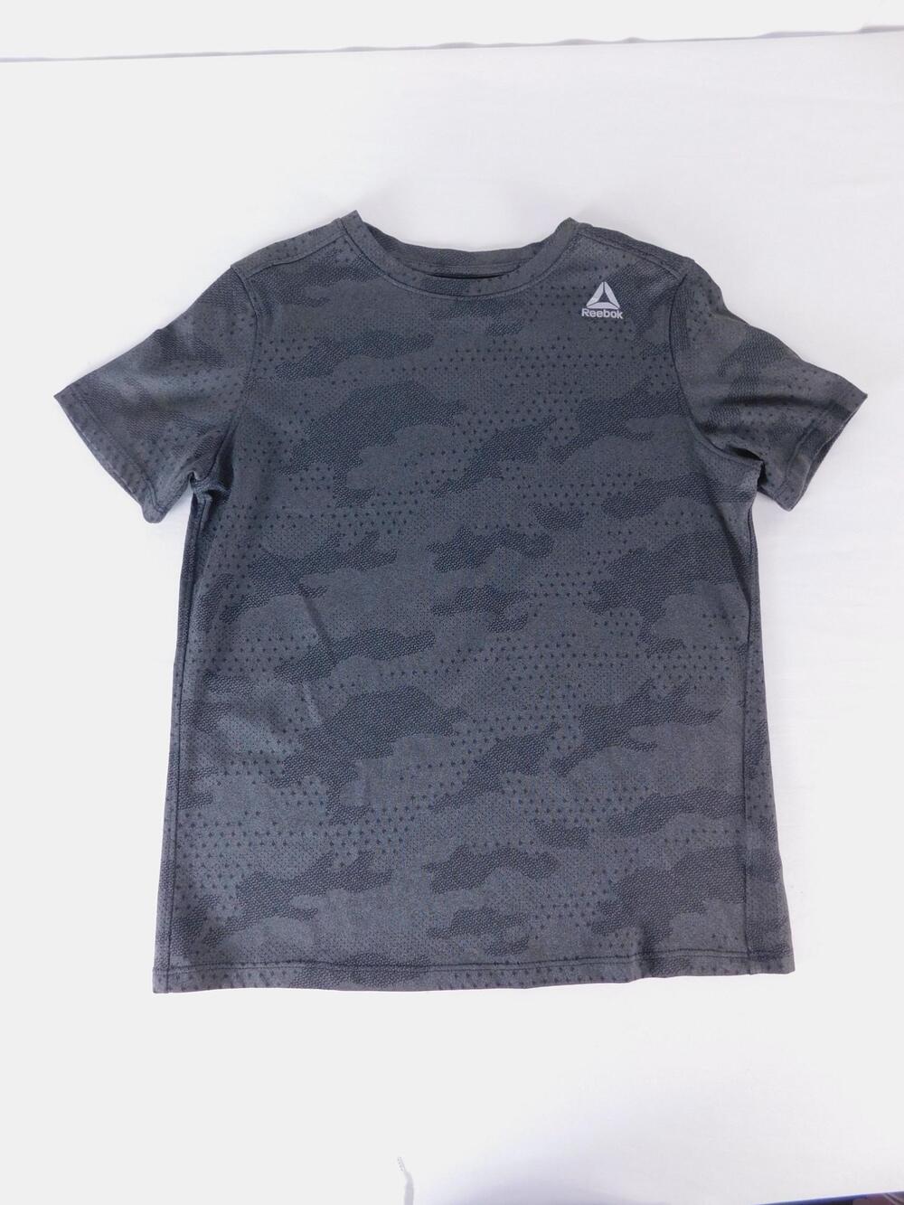 Reebok Shirt Boys 10-12 Gray Camo Crew Neck Short Sleeve Athletic Gym Top